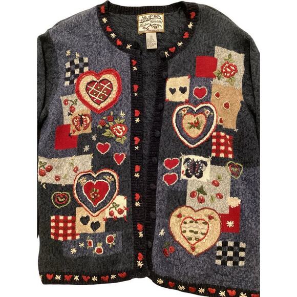 VNTG heirloom Collectibles Heart embroidered Cardigan Sweater Large blue - Picture 2 of 5